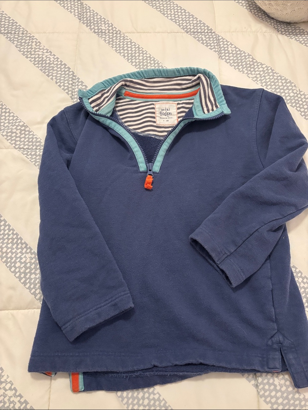Mini Boden Navy Half-Zip Pullover with Aqua Trim and Orange Zip
